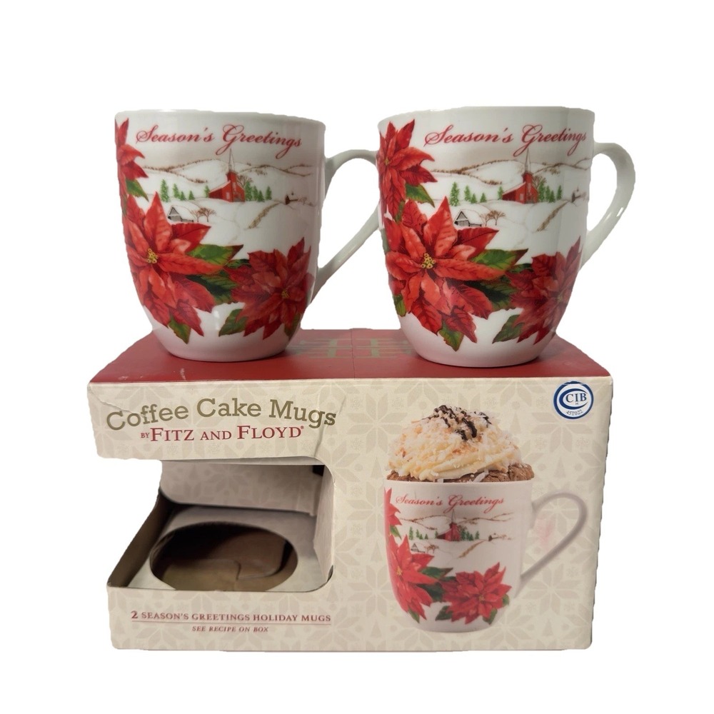 2 Christmas Seasons Greetings Fitz & Floyd Coffee Cake Mugs Home Warms Heart
